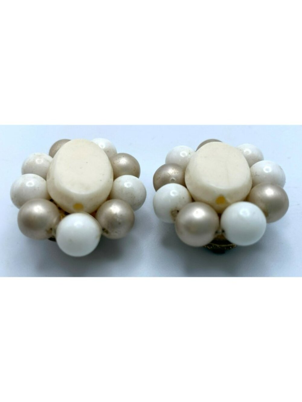 Clip On Earrings MCM White Beaded Faux Pearl West Germany 1950's 50's MARKED! - Picture 3 of 7